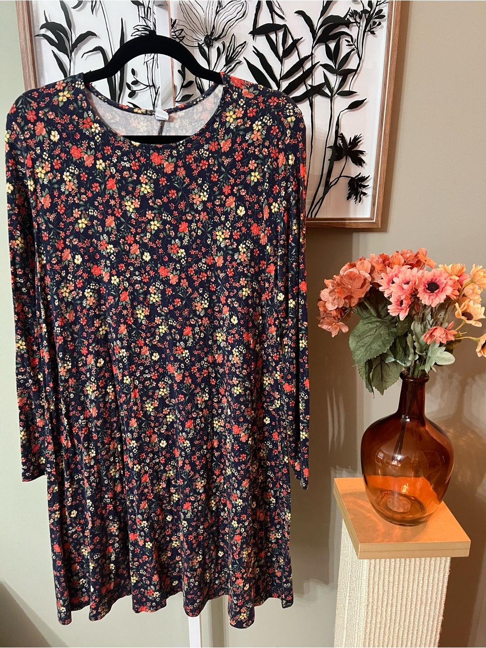 Old Navy Blue Multicolor Ditzy Floral Long Sleeve Swing Dress Size Large